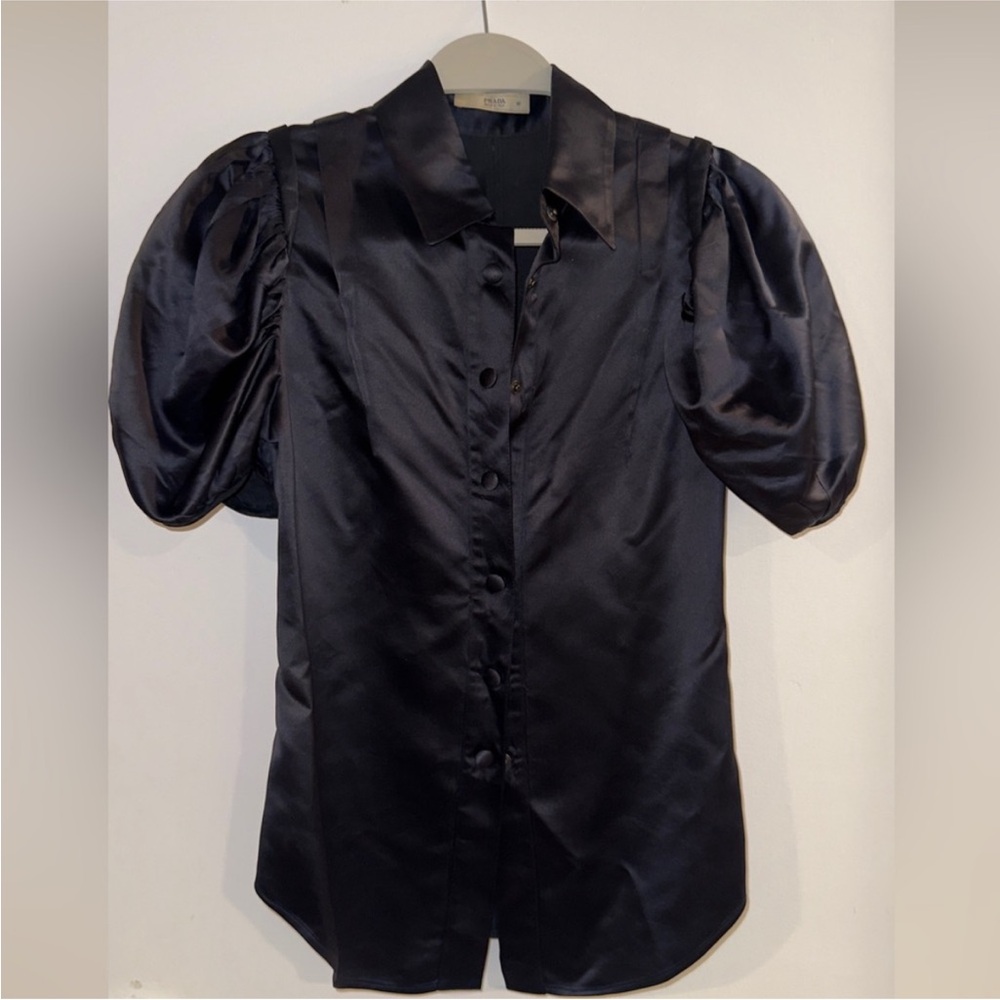 Prada Black Satin Puff-Sleeve Button-Down Blouse
